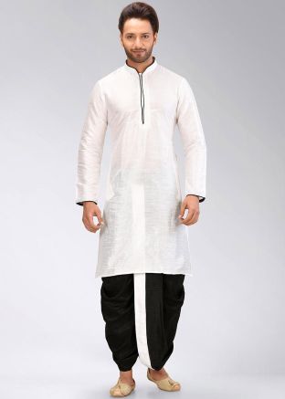 White Readymade Dupion Silk Kurta Dhoti Set
