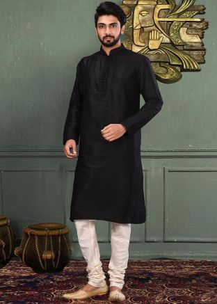 Readymade Black Dupion Silk Kurta With Churidar
