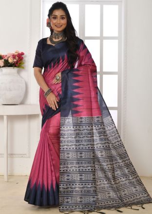 Pink And Blue Tussar Silk Saree