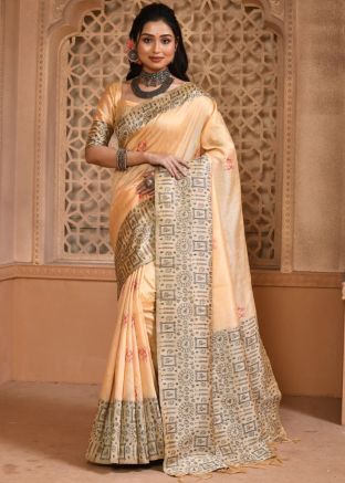 Cream Art Silk Woven Saree