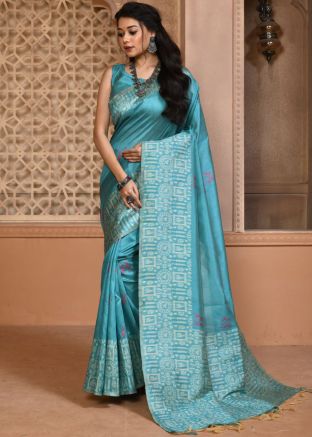 Blue Art Silk Saree In Woven Work