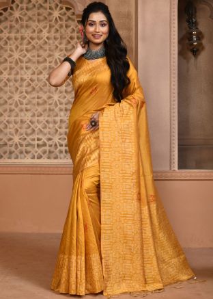 Yellow Woven Work Saree In Art Silk