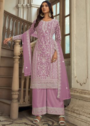 Purple Embroidered Suit Set In Net
