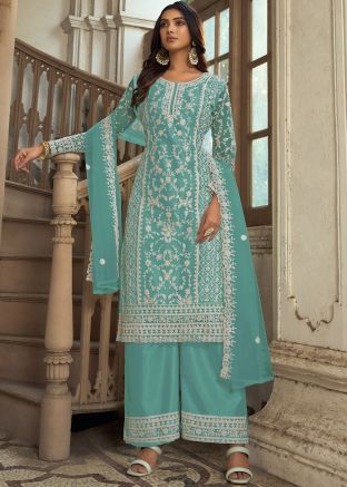Blue Embroidered Suit Set In Net