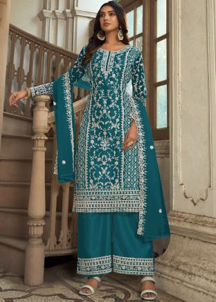 Teal Green Embroidered Suit Set In Net