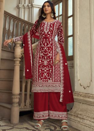 Red Embroidered Suit Set In Net