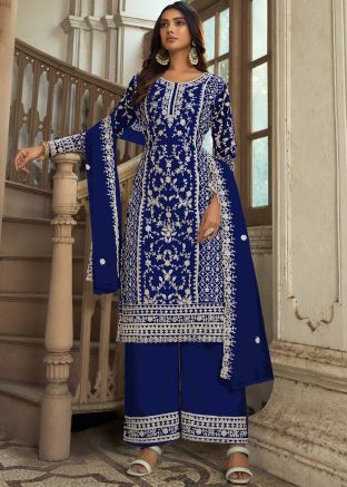 Blue Embroidered Suit Set In Net