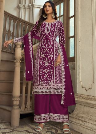 Purple Embroidered Suit Set In Net