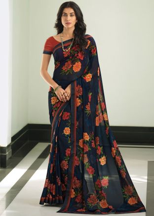 Blue Georgette Saree In Floral Print 