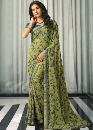 Green Georgette Saree In Floral Print 