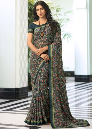 Grey Printed Saree With Art Silk Blouse 