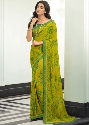 Green Georgette Saree In Floral Print 