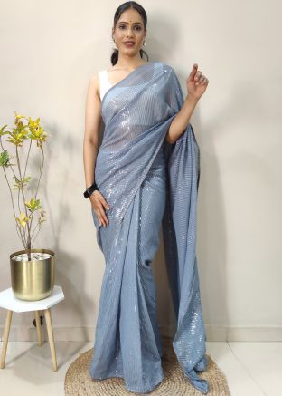 Grey Georgette Embroidered Saree