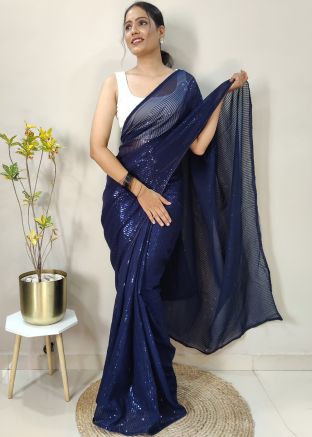 Blue Georgette Saree In Sequins Embroidery