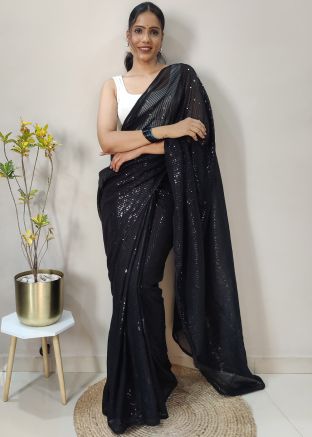 Black Festive Embroidered Saree In Georgette