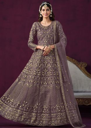 Purple Embroidered Anarkali Suit Set