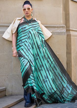 Turquoise Stripe Printed Satin Saree 