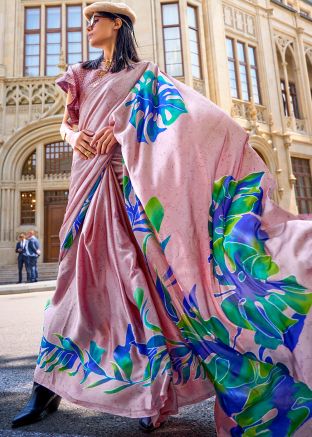 Pink Printed Satin Saree