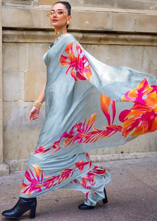 Grey Festive Satin Saree In Printed