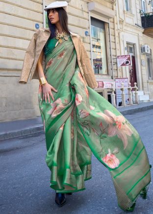 Green Floral Printed Saree In Organza