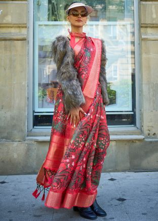 Red Organza Saree In Stripe Print