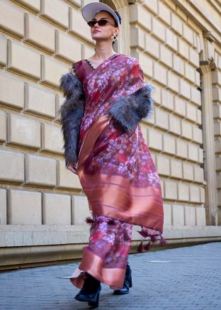 Purple Printed Saree In Organza With Blouse