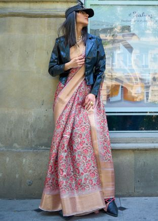 Grey & Pink Organza Saree In Floral Printed Work