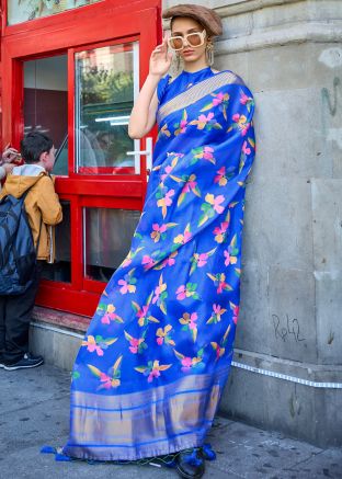 Blue Casual Saree In Floral Printed Work