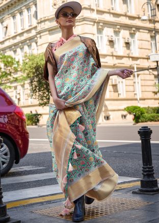 Blue Organza Saree In Printed Work
