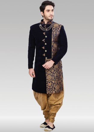 Navy Blue Readymade Woven Sherwani With Dhoti Pant