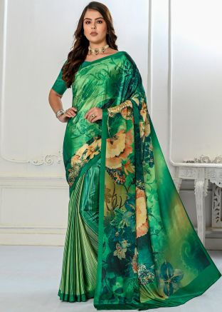 Green Printed Silk Saree & Blouse
