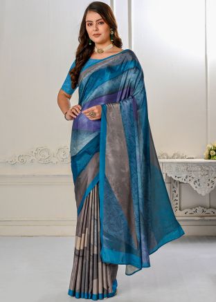 Blue Printed Silk Saree For Festive