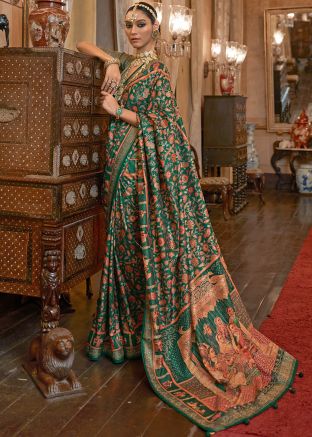 Green Classic Style Floral Print Saree