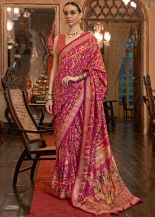 Pink Floral Print Saree In Patola