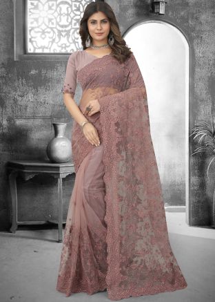 Purple Embroidered Saree In Net