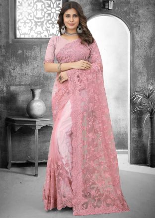 Pink Embroidered Net Saree With Blouse
