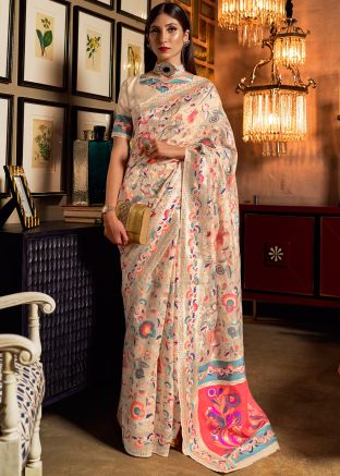 Cream Floral Printed Silk Saree