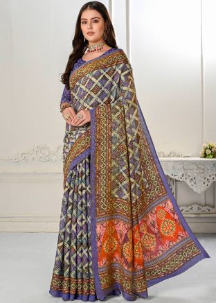 Purple Bandhej Printed  Saree In Slik