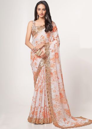 White Digital Floral Printed Organza Saree