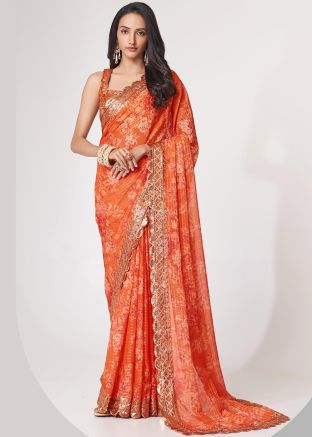 Orange Embroidered Border Organza Saree