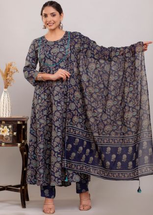 Blue  Readymade Floral Printed Pant Suit In Cotton