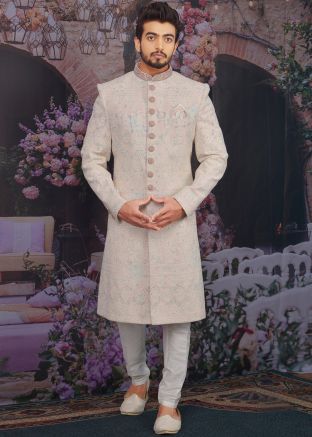 Off White Chikankari Embroidered Groom Sherwani With Pant