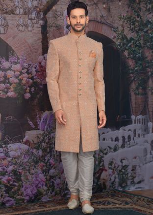 Peach Chikankari Embroidered Readymade Sherwani Churidar Set