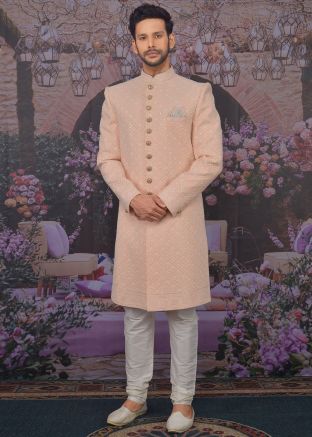Readymade Peach Chikankari Embroidered Sherwani Churidar Set