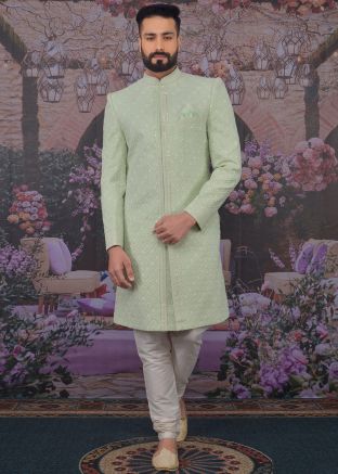 Green Chikankari Embroidered Sherwani With Churidar