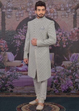 Grey Chikankari Embroidered Asymmetric Sherwani Churidar Set