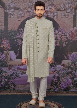 Green Chikankari Embroidered Sherwani Churidar Set