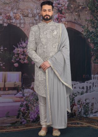 Grey Embroidered Asymmetric Sherwani Churidar Set