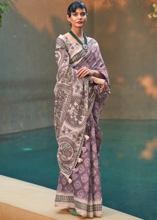 Purple Bandhej Print Saree & Blouse