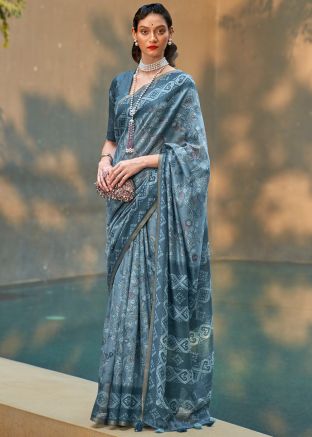 Blue Floral Print Cotton Saree